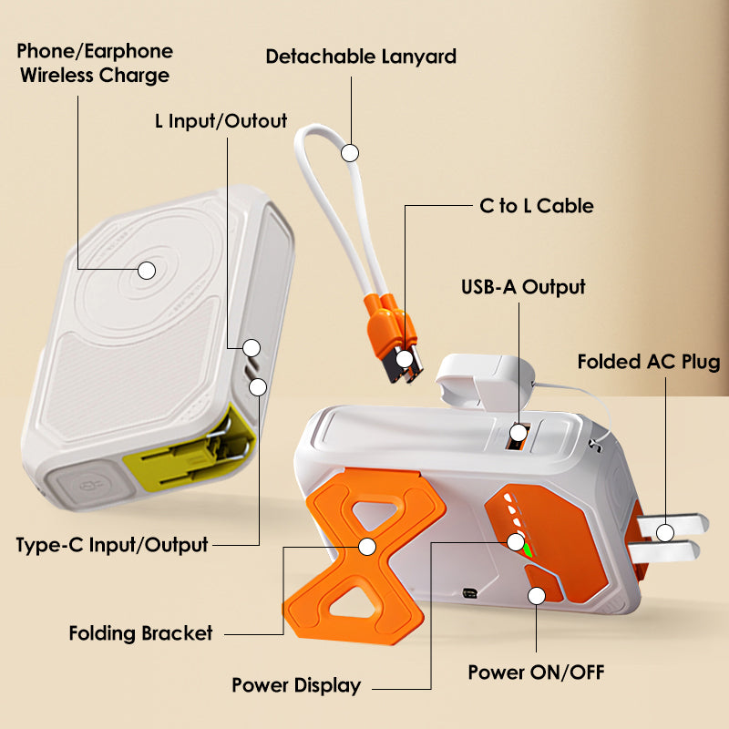 5000mAh MagSafe Power Bank with Stand Plug Lanyard Cable