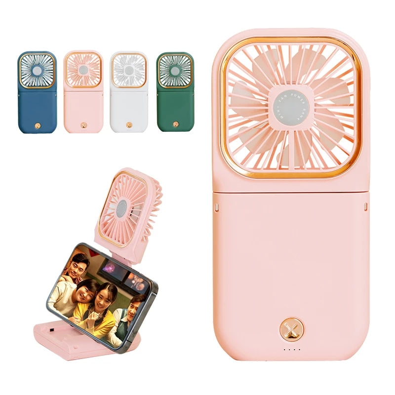 3 in 1 USB Electric Hand Fan Phone Holder 3000mAh Power Bank Rechargeable Mini Portable Folding Hanging Neck Fan