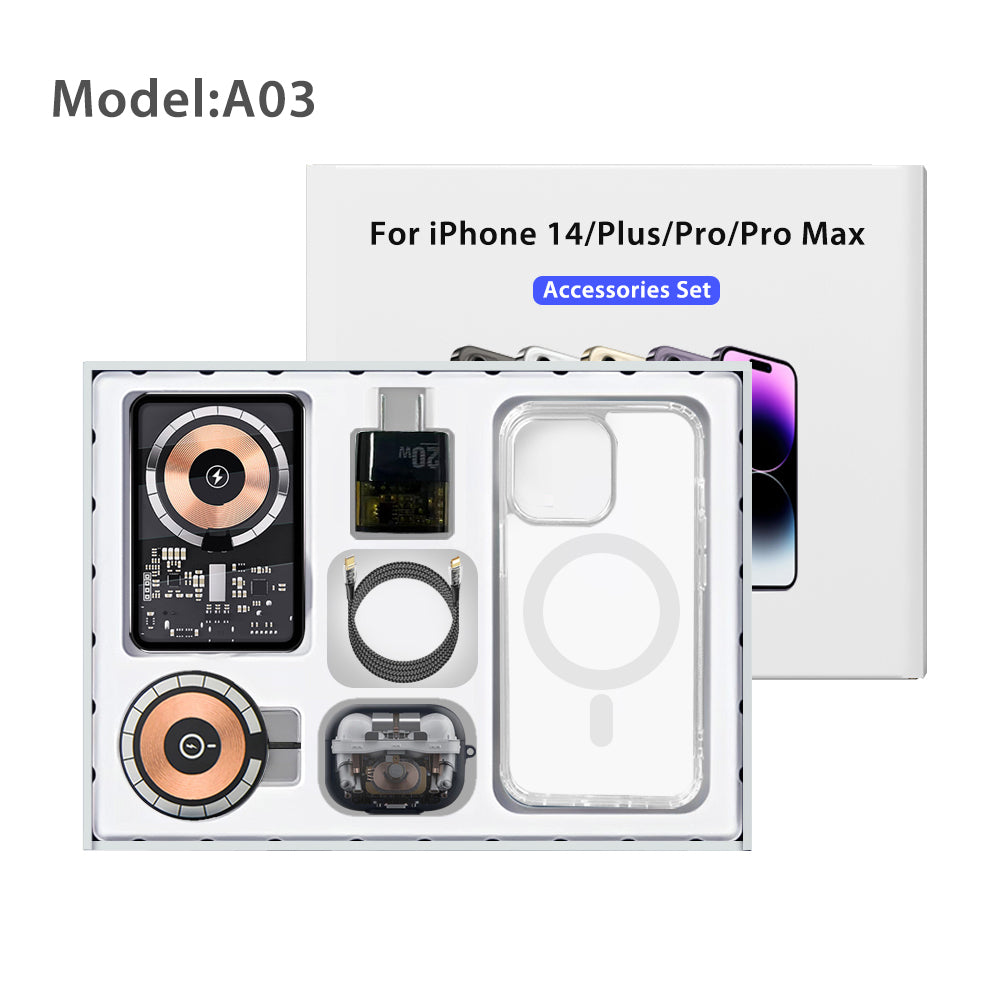 business gift set Luxury iphone 14 cell phone accessories kit with charger phone case earphone power bank