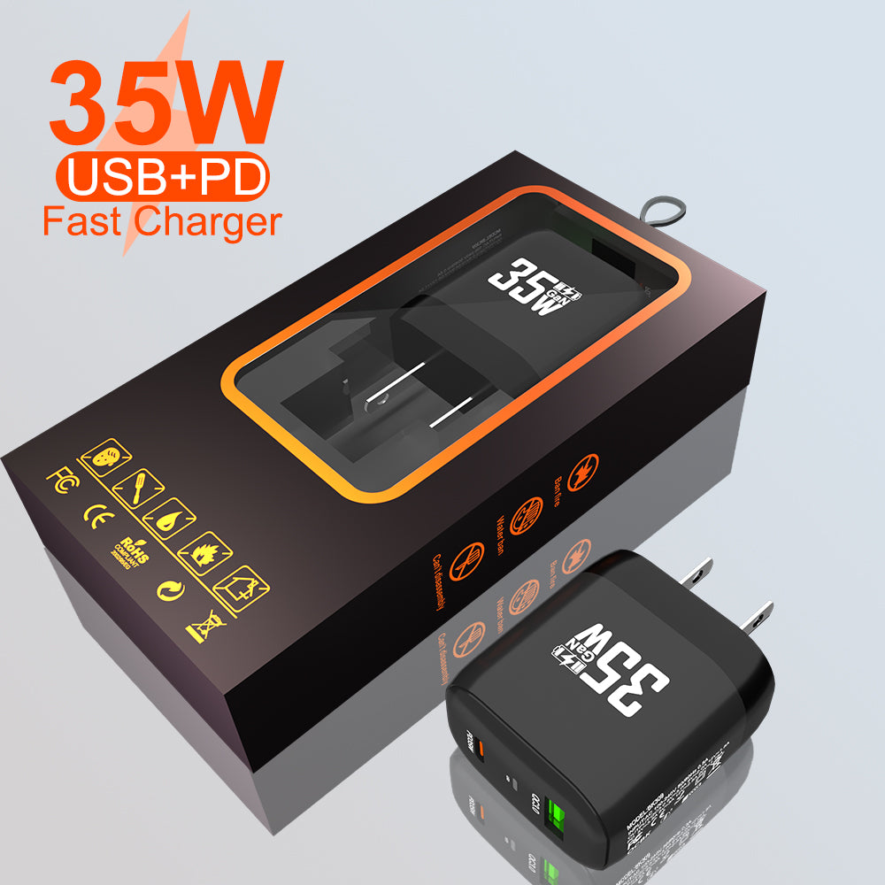 USB QC3.0 PD 35W dual port GaN Nitride Chip wall charger for mobile phone, laptop, tablet