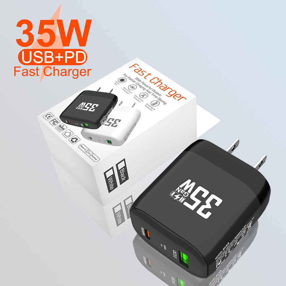 USB QC3.0 PD 35W dual port GaN Nitride Chip wall charger for mobile phone, laptop, tablet