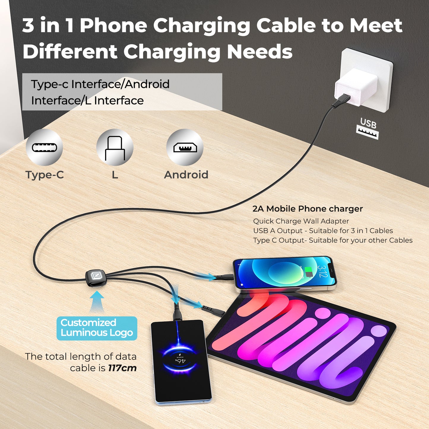 Custom Luminous Logo 4-in-1 USB Cable
