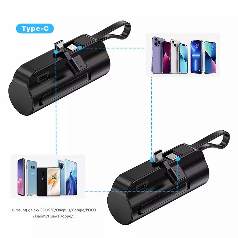 3000 mAh 5000 mAh mini capsule portable type C lightning power bank with cables