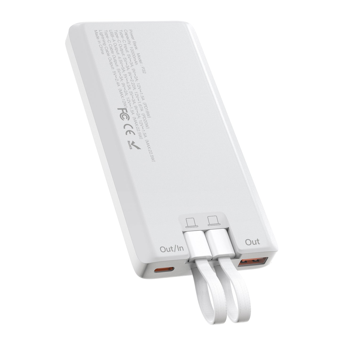 10,000mAh high capacity slim P32 power bank with type C & lightning cables