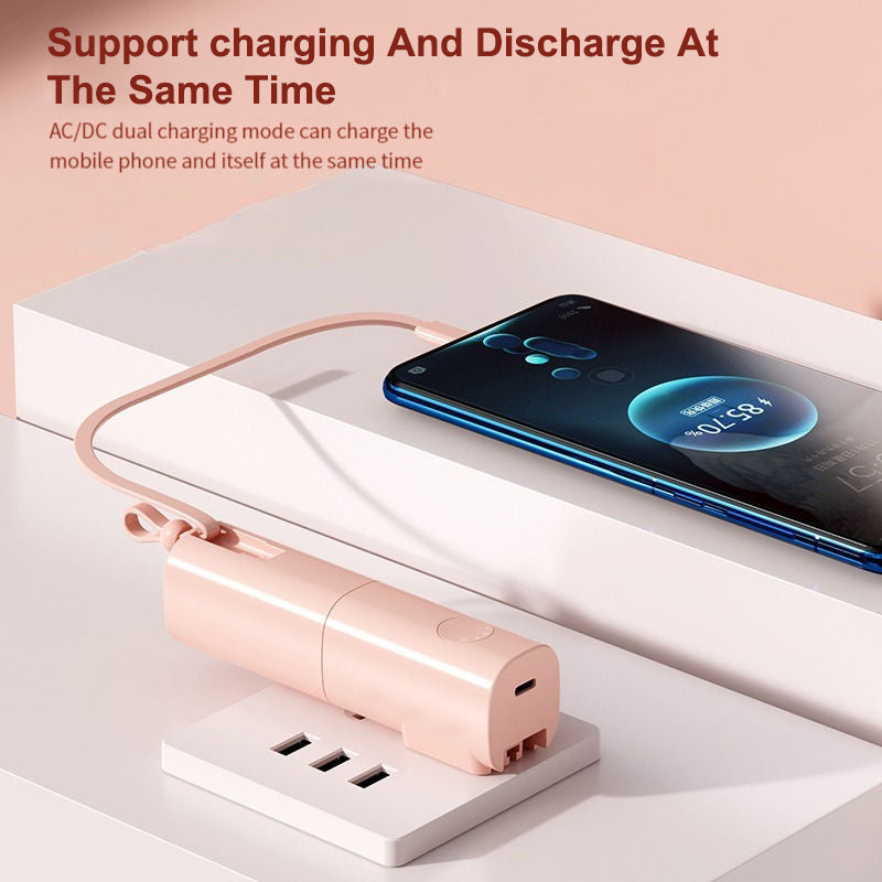 Compact Power Bank with Built-In Cable & Plug