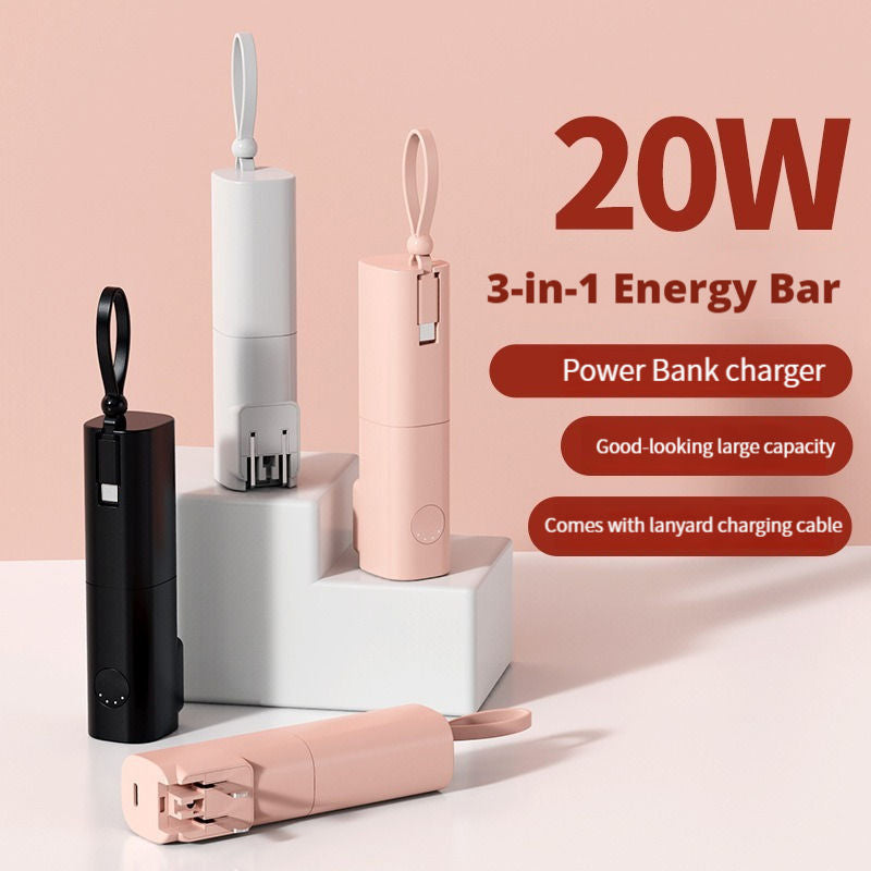 Compact Power Bank with Built-In Cable & Plug