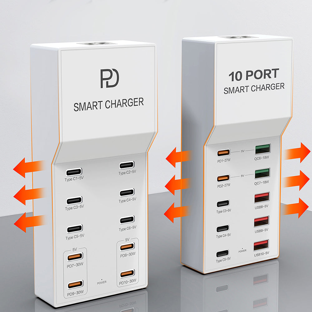 Family-Sized 10-Port USB Wall Charger with RapidSmart Technology: Safe, Auto-Detect Charging Station for Smartphones, Tablets, Laptops & More