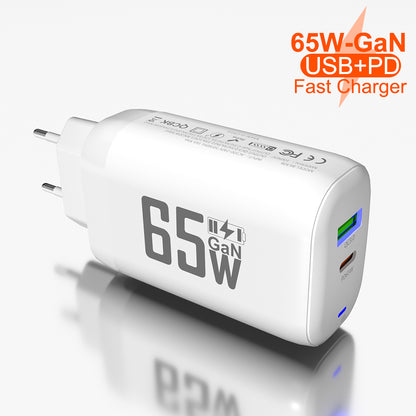 USB QC3.0 PD 65W dual port GaN Nitride Chip wall charger for mobile phone, laptop, tablet